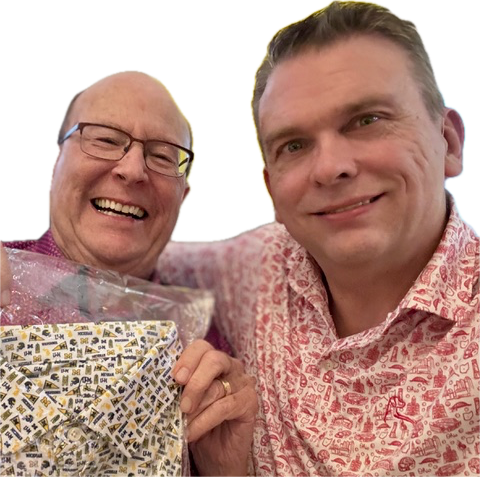 Tim and Ed smiling together at Easter dinner in 2026.